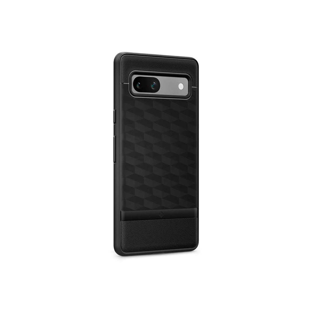 Pixel 7a Case Parallax in matte black showing the back and partial side