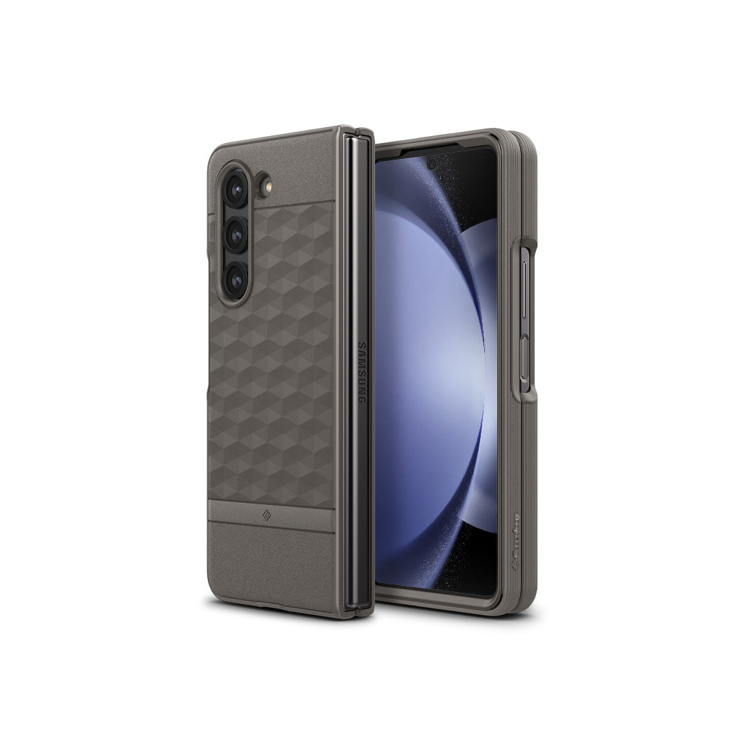 Galaxy Z Fold 5 Case Parallax in ash gray showing the back and front
