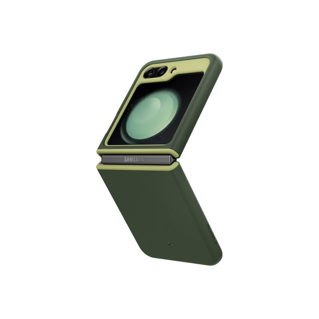 Galaxy Z Flip 5 Case Nano Pop in avo green showing the back and side half folded