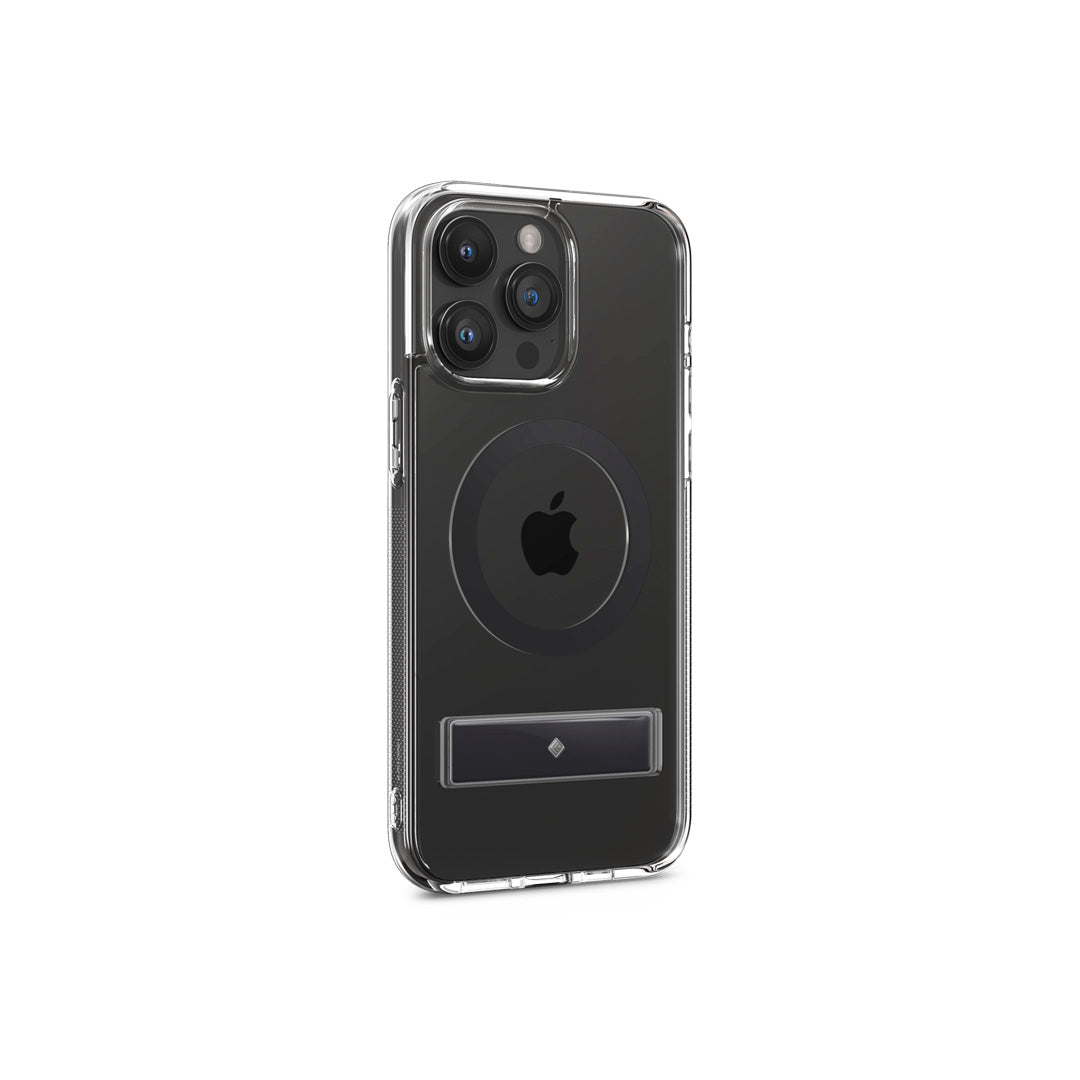 iPhone 15 Pro Max Case Capella Mag Kickstand in clear charcoal color showing the back
