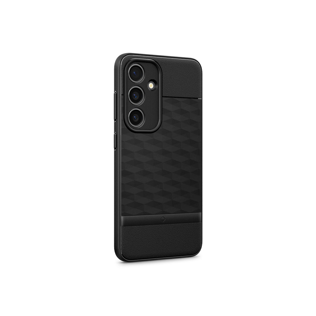 Galaxy S24 Case Parallax in Matte Black showing the back and partial side with side buttons