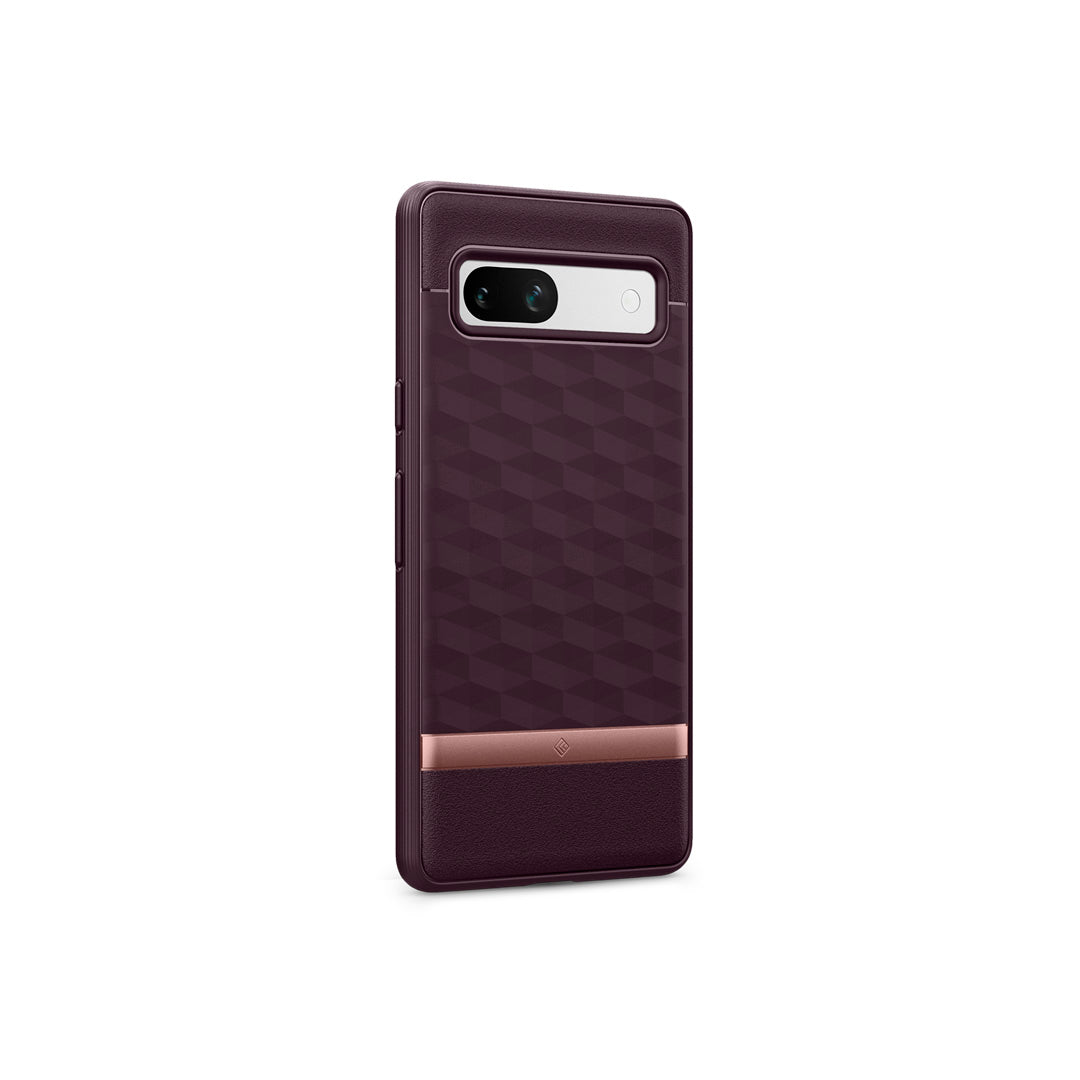 Pixel 7a Case Parallax in burgundy showing the back and partial side
