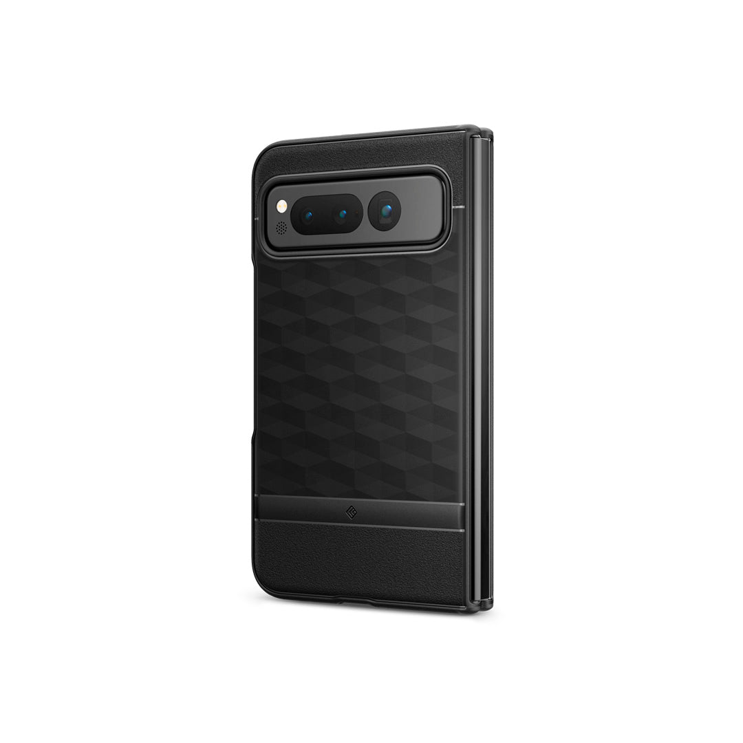 Pixel Fold Case Parallax in matte black showing the back and partial side