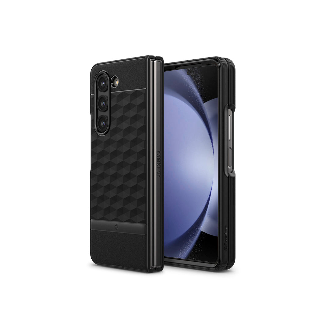 Galaxy Z Fold 5 Case Parallax in matte black showing the back and front
