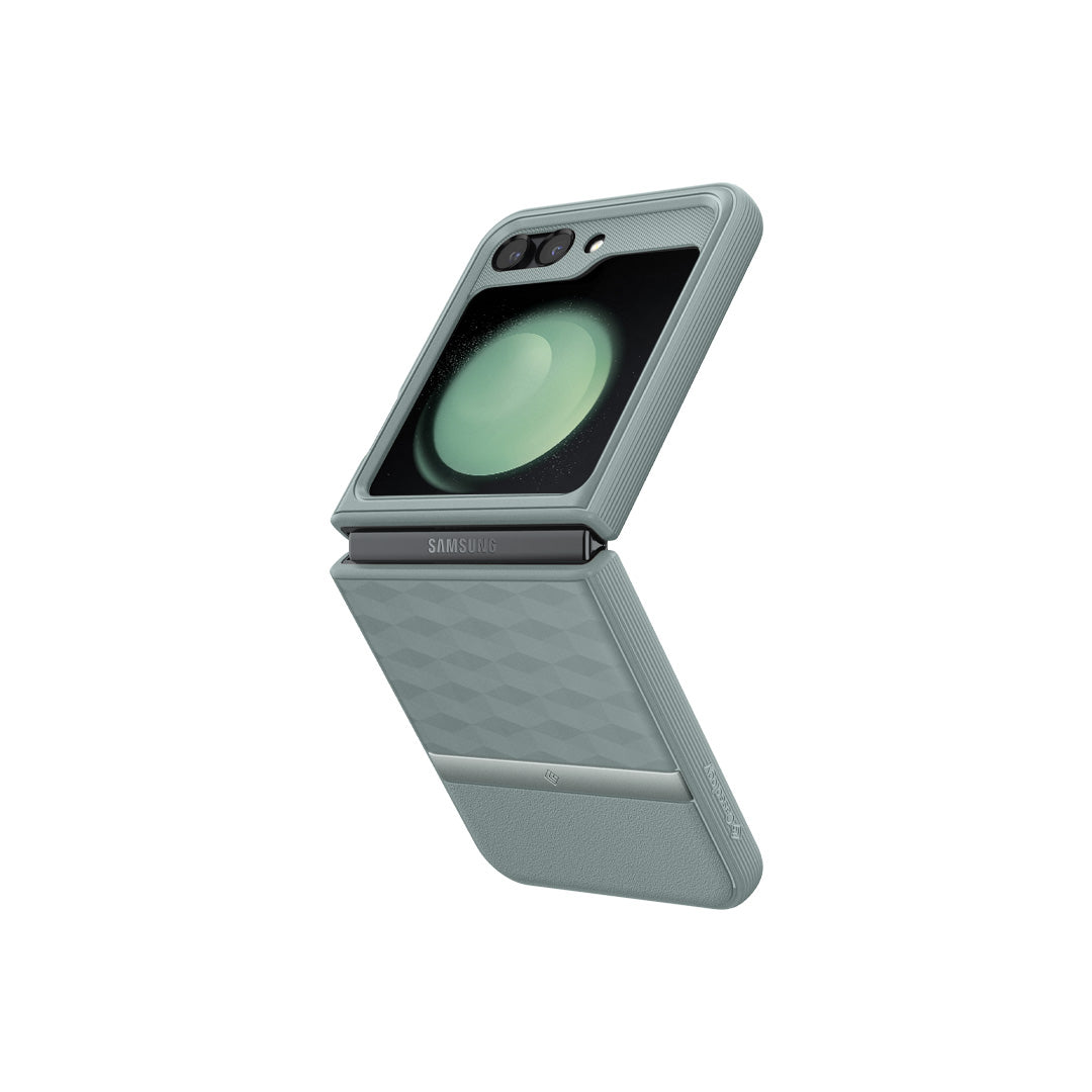 Galaxy Z Flip 5 Case Parallax in sage green showing the back and side half folded