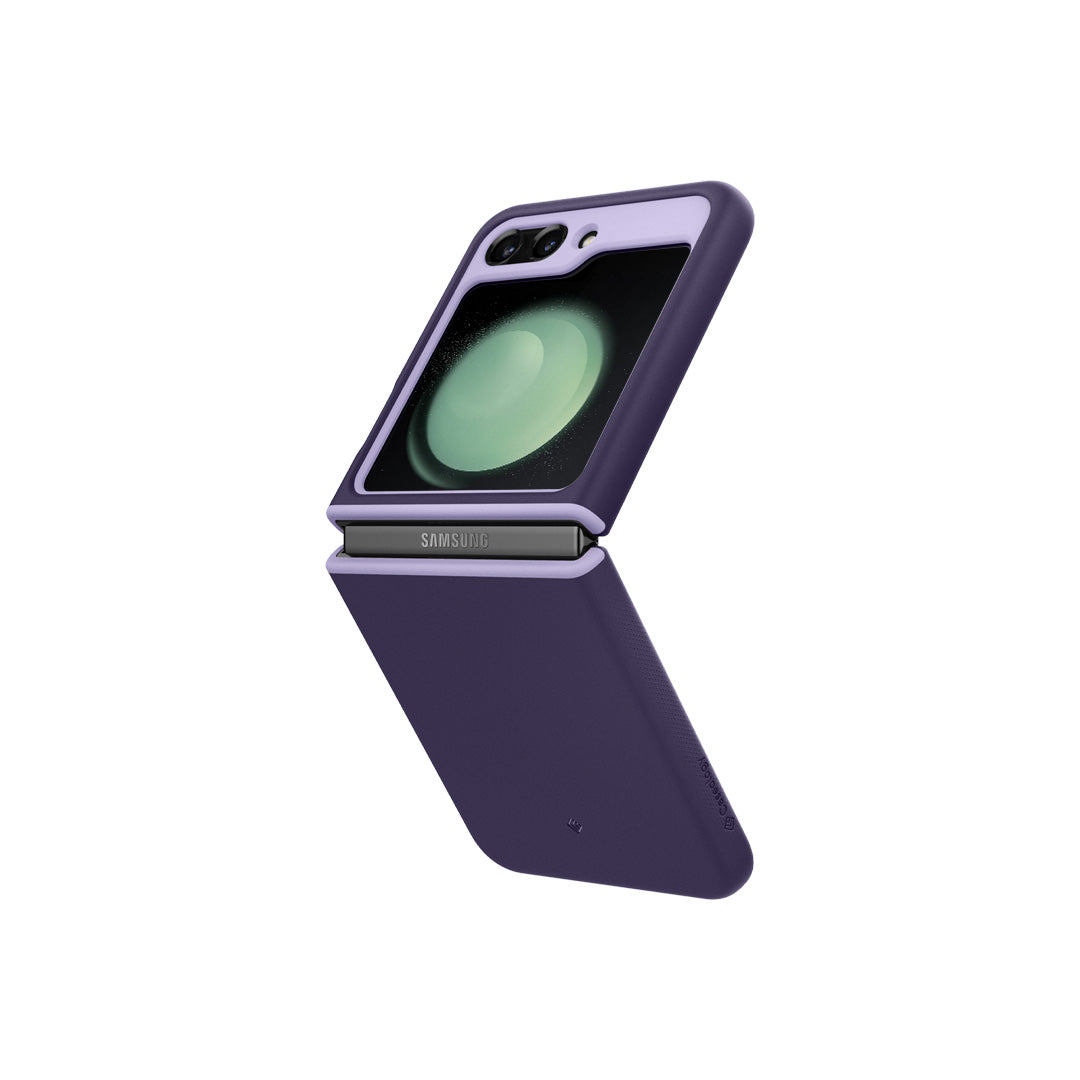 Galaxy Z Flip 5 Case Nano Pop in grape purple showing the back and side half folded