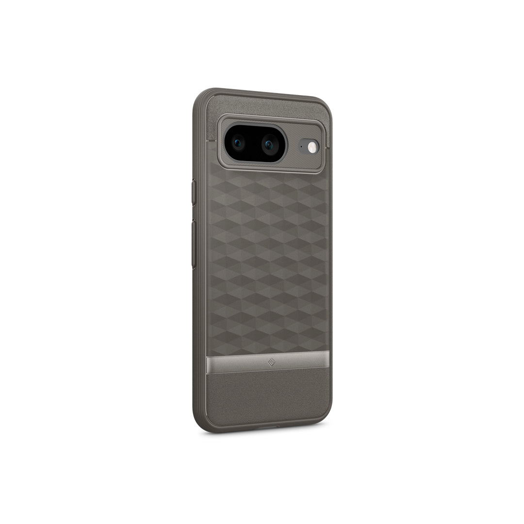 Pixel 8 Case Parallax in ash gray showing the back and partial side
