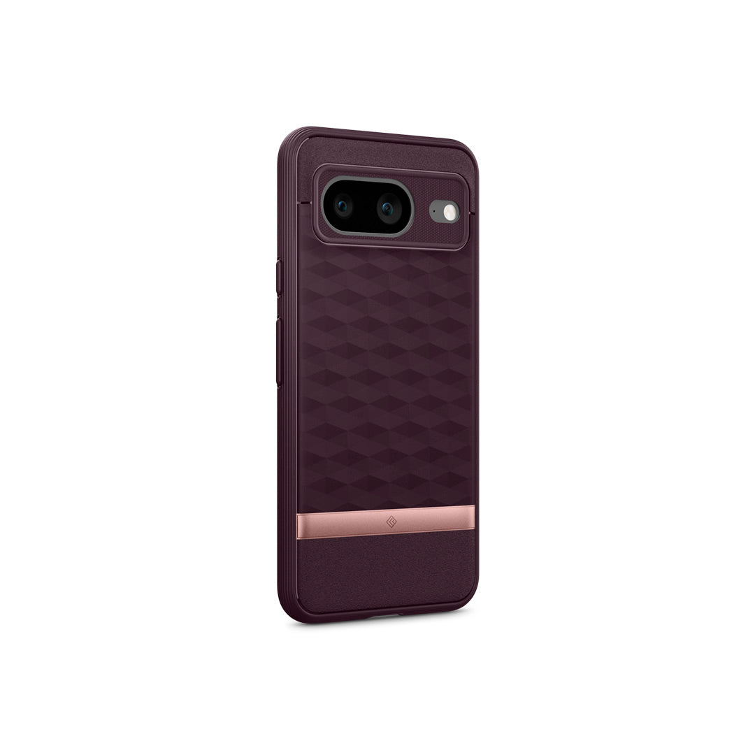 Pixel 8 Case Parallax in burgundy showing the back and partial side