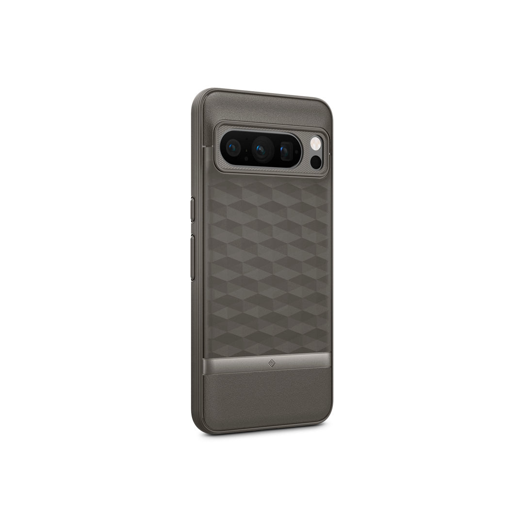 Pixel 8 Pro Case Parallax in ash gray showing the back and partial side