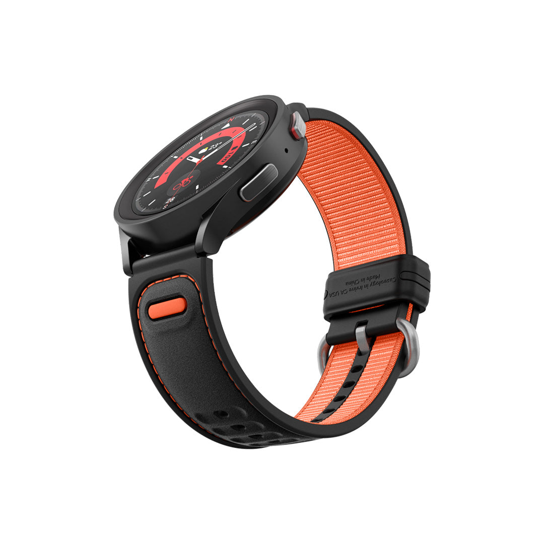 Galaxy Watch Series Athlex Band in active orange showing the front, side and inside of band
