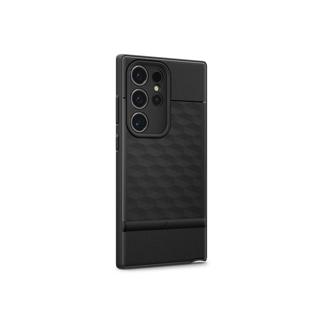 Galaxy S24 Ultra Case Parallax in Matte Black showing the back and partial side with side buttons