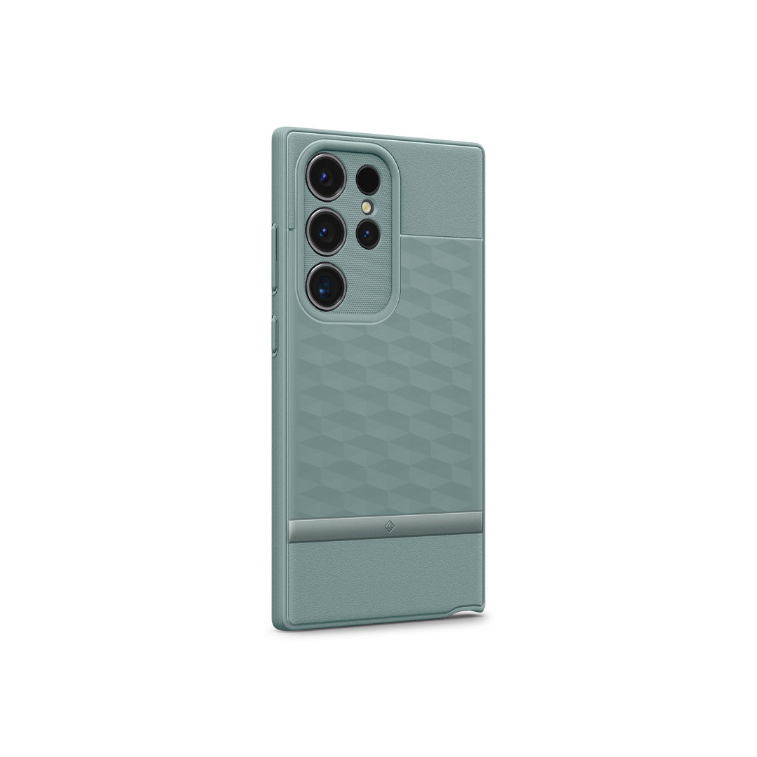 Galaxy S24 Ultra Case Parallax in Sage Green showing the back and partial side with side buttons