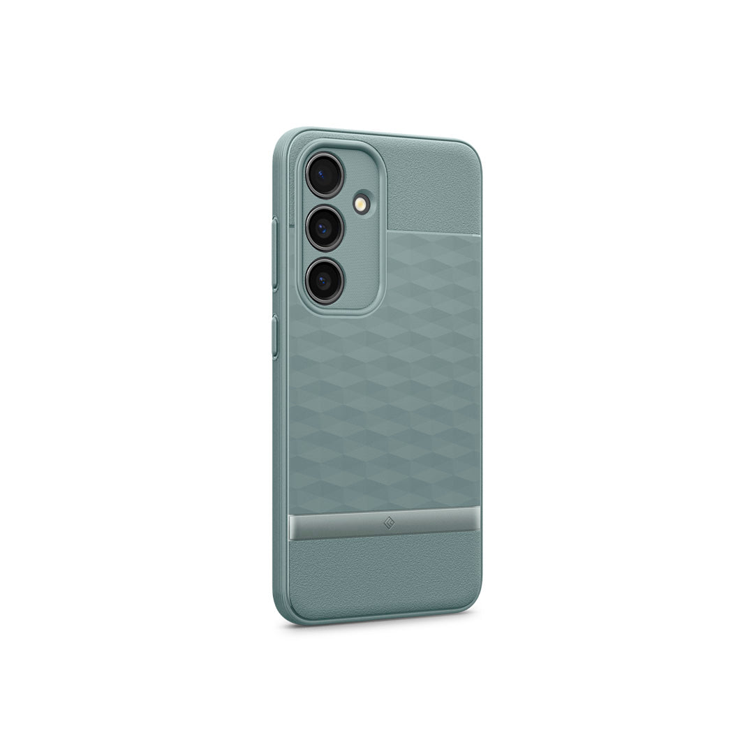 Galaxy S24 Plus Case Parallax in Sage Green showing the back and partial side with side buttons
