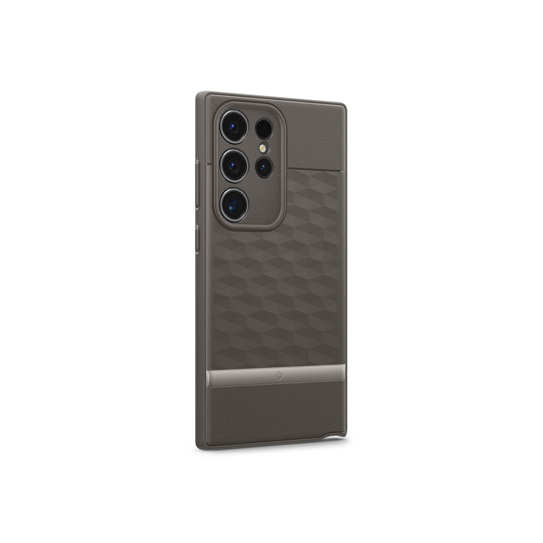Galaxy S24 Ultra Case Parallax in Ash Gray showing the back and partial side with side buttons
